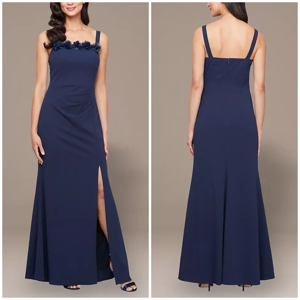 New Alex Evenings Flower Neckline Maxi Dress Square Neck Navy Blue Sz 14